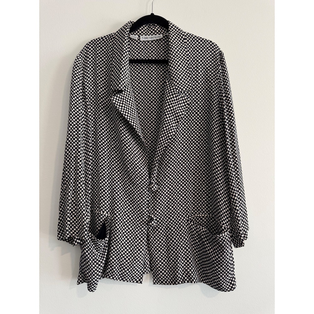 Mary Ann Restivo Silk Checkerboard Blazer Women 12 Black White Vintage Luxury